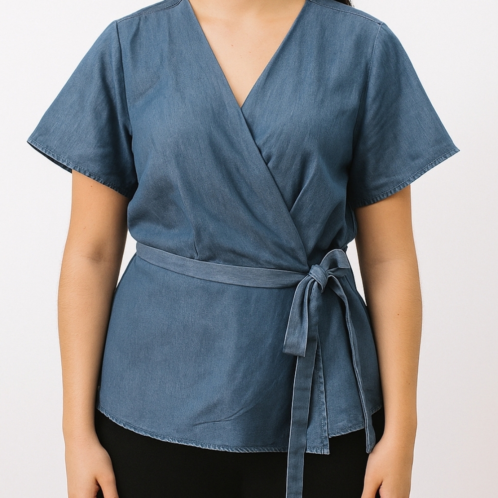 Elegant Denim Wrap Blouse